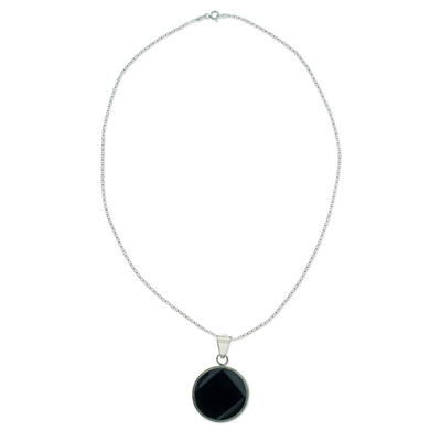 Black jade pendant necklace, 'Quetzal Moon' - Black Jade Medallion Sterling Silver Necklace