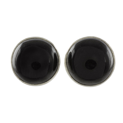 Jade stud earrings, 'Harmonious Peace in Black' - Round Black Jade Stud Earrings on Sterling Silver