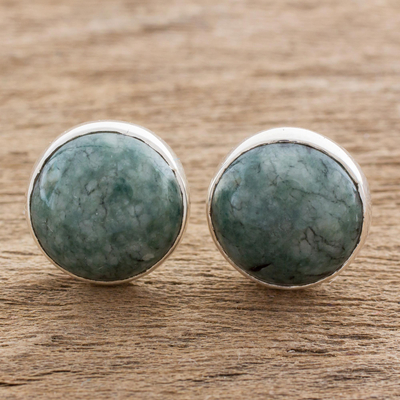 Jade stud earrings, 'Harmonious Peace' - Round Jade Stud Earrings in Sterling Silver