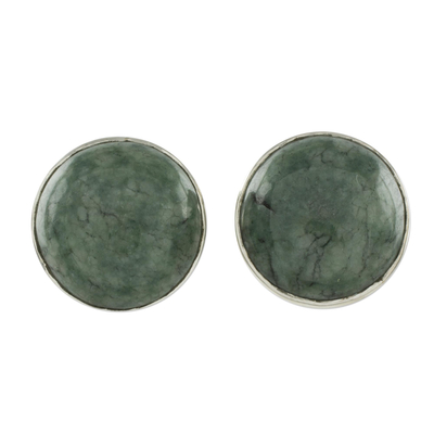 Jade stud earrings, 'Harmonious Peace' - Round Jade Stud Earrings in Sterling Silver