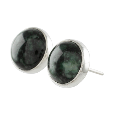 Jade stud earrings, 'Harmonious Peace in Dark Green' - Dark Green Jade Earrings Sterling Silver Artisan Jewelry