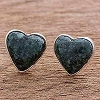 Dark green jade heart earrings, 'Love Sacred' - Dark Green Jade Heart Earrings Artisan Crafted Jewellery