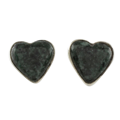 Dark green jade heart earrings, 'Love Sacred' - Dark Green Jade Heart Earrings Artisan Crafted Jewelry