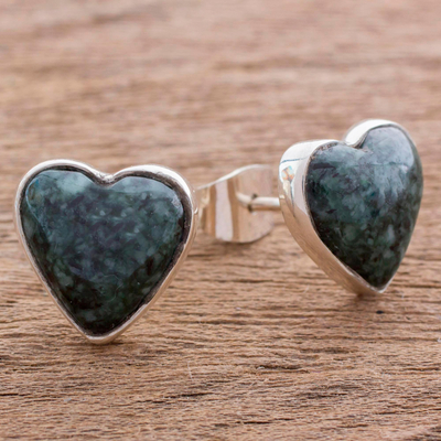 Dark green jade heart earrings, 'Love Sacred' - Dark Green Jade Heart Earrings Artisan Crafted Jewellery