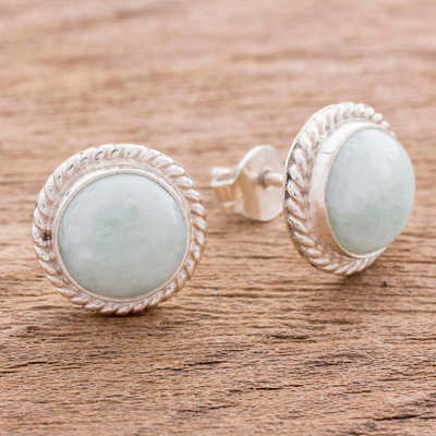 Jade button earrings, 'Life' - Elegant Jade Button Earrings in Sterling Silver