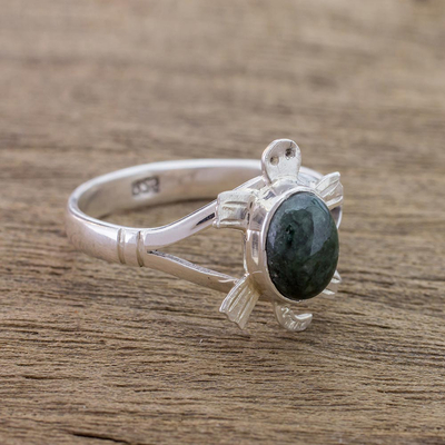 Jade cocktail ring, 'Dark Green Marine Turtle' - Sterling Silver Ring with Jade Artisan Crafted Jewelry
