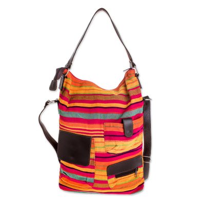 Cotton and leather accent shoulder bag, 'Rainbow Chic' - Handwoven Cotton and Leather Accent Shoulder Bag
