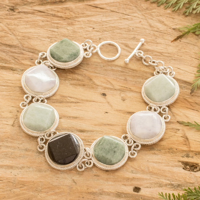 Jade link bracelet, 'Spectrum' - Green Black Lilac Jade Bracelet Silver Artisan Jewelry