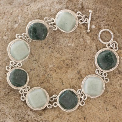 Jade link bracelet, 'Geometric Enigma' - Light and Dark Green Jade Bracelet Silver Artisan Jewelry