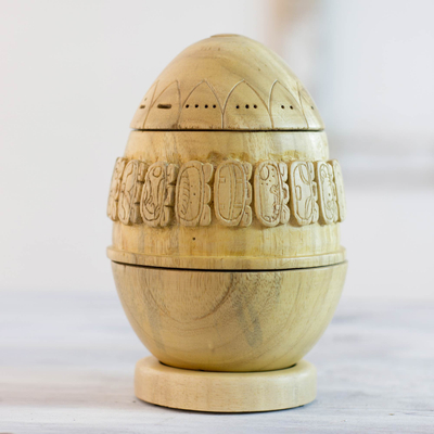 Wood sculpture, 'Maya Seed of Knowledge I' - Maya Calendar Egg-shaped Wood Sculpture