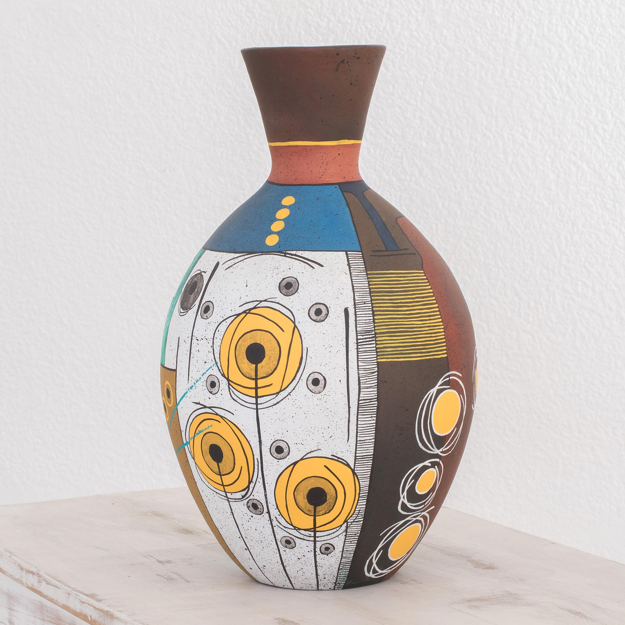 Handmade Nicaraguan Ceramic Vase With Painted Art Abstract City