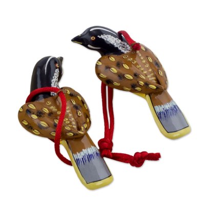 Ceramic ornaments, 'Little Brown Quail' (pair) - Handcrafted Ceramic Bird Ornaments (Pair)
