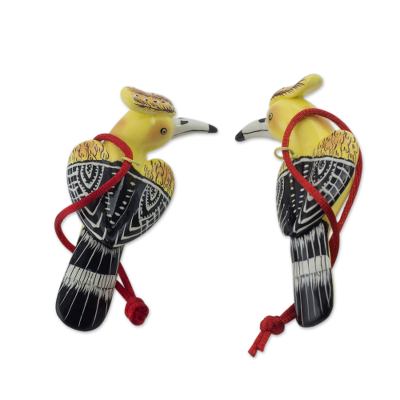 Ceramic ornaments, 'Blonde Crested Woodpecker' (pair) - 2 Blond Crest Woodpecker Ceramic Bird Ornaments