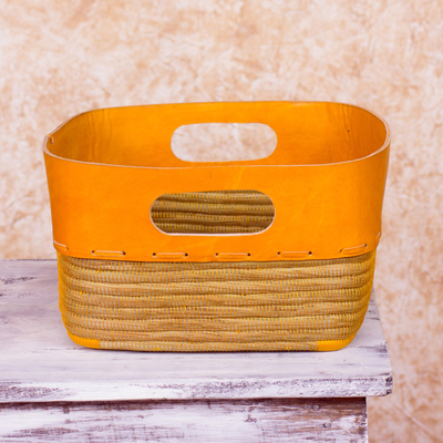 Leather and pine needle basket, 'Tangerine' - Nicaragua Handcrafted Pine Needle Basket with Orange Leather