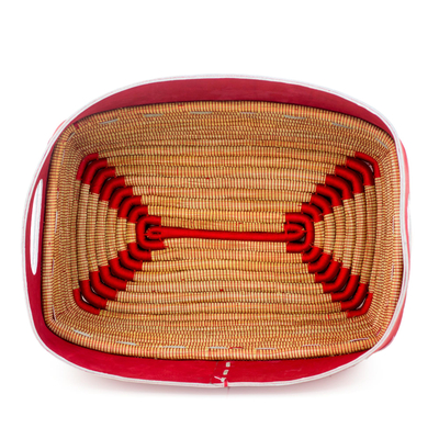 Leather and pine needle basket, 'Chili Pepper Red' - Nicaraguan Red Leather Hand Crafted Pine Needle Basket