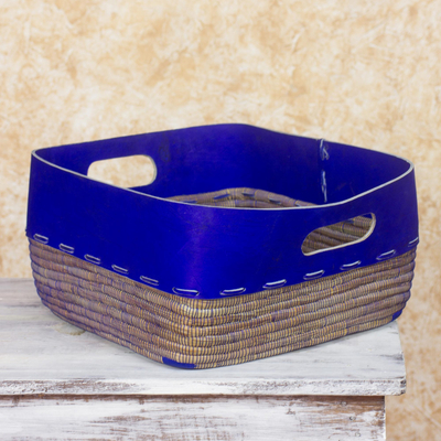 Leather and pine needle basket, 'Vibrant Blue' - Nicaragua Hand Crafted Pine Needle Basket with Blue Leather