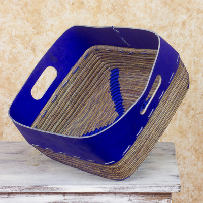 Leather and pine needle basket, 'Vibrant Blue' - Nicaragua Hand Crafted Pine Needle Basket with Blue Leather