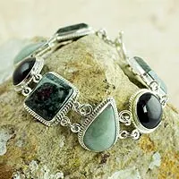 Jade link bracelet, 'Natural Geometry' - Green and Black Jade on Sterling Silver Bracelet