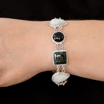 Jade link bracelet, 'Natural Geometry' - Green and Black Jade on Sterling Silver Bracelet