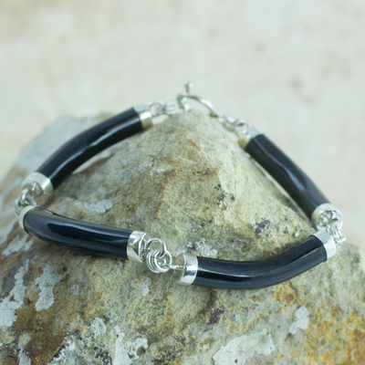 Black jade link bracelet, 'Natural Connection' - Artisan Crafted Blalck Jade and Sterling Silver Bracelet