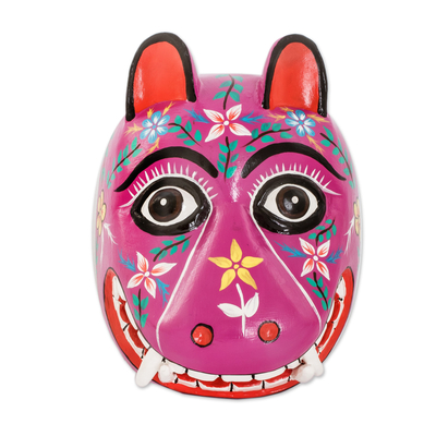 Wood mask, 'Purple Maya Jaguar' - Artisan Crafted Traditional Wood Mask