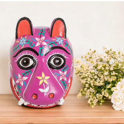 Wood mask, 'Purple Maya Jaguar' - Artisan Crafted Traditional Wood Mask