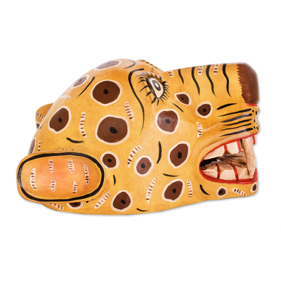 Máscara de madera - Máscara de jaguar amarilla hecha a mano artesanalmente