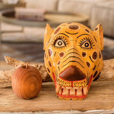 Wood mask, 'Yellow Maya Jaguar' - Artisan Crafted Yellow Jaguar Mask
