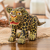 Holzskulptur „Balam“ – handgeschnitzte Maya-Jaguar-Holzskulptur