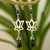 Jade flower earrings, 'Lotus Shadow' - Dark Green Jade Lotus Earrings