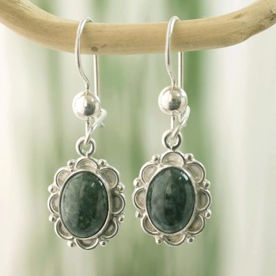 Jade flower dangle earrings, 'Dark Green Forest Princess' - Guatemalan Hand Crafted Dark Green Jade Dangle Earrings