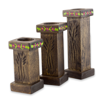 Wood tealight candleholders, 'Canaan's Wheat' (set of 3) - 3 Hand Carved Tea Light Holders Set