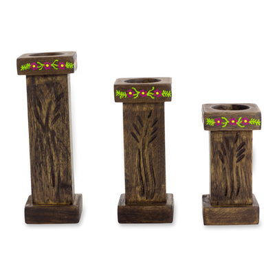 Wood tealight candleholders, 'Canaan's Wheat' (set of 3) - 3 Hand Carved Tea Light Holders Set