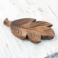 Handcrafted Wood Catchall from El Salvador - White Daisy Laurel Leaf ...