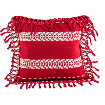 Cotton cushion cover, 'Weaving Red Paths' - White on Red Artisan Crafted Cotton Cushion Cover