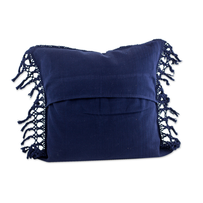 Cotton cushion cover, 'Weaving Blue Paths' - Navy Blue Hand Woven Cotton Cushion Cover with Rayon Trim