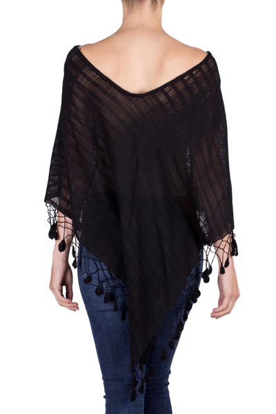Black Handwoven Cotton Poncho from Guatemala - Ebony Elegance | NOVICA