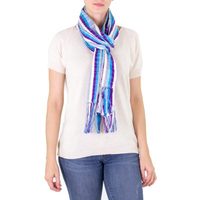 Cotton scarf, 'Clouds' - Backstrap Loom Handwoven Cotton Scarf in Blues and White