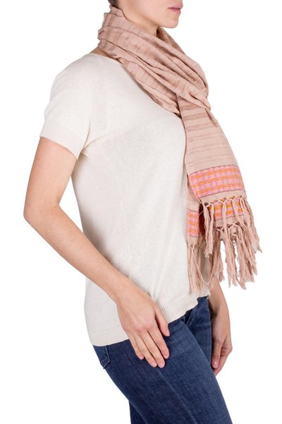 Cotton scarf, 'Dawn Diamonds' - Handwoven Beige Cotton Scarf with Pink and Yellow Diamonds