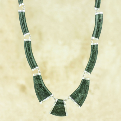Dark green jade link necklace, 'Queen K'abel' - Dark Green Jade Necklace Handcrafted with Sterling Silver