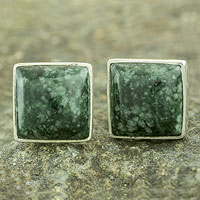 Jade button earrings, 'Forest Mystique' - Classic Silver Button Earrings with Green Maya Jade