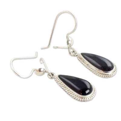Jade dangle earrings, 'Black Tear' - Artisan Crafted Sterling Silver Black Jade Dangle Earrings