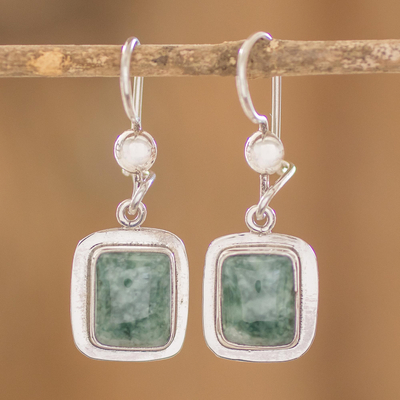 Jade dangle earrings, 'Modern Maya' - Fair Trade Modern Green Jade and Silver Earrings