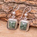 Jade dangle earrings, 'Modern Maya' - Fair Trade Modern Green Jade and Silver Earrings