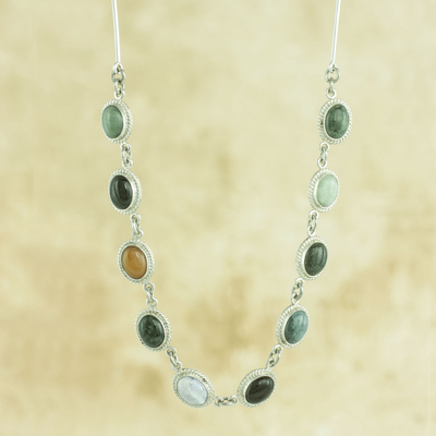 Jade and quartz pendant necklace, 'Jocotenango Rainbow' - Sterling Silver Necklace with Multicolor Jade and Quartz