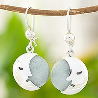 Jade dangle earrings, 'Cool Crescent Moon' - Light Green Jade Moon Eclipse Handcrafted Earrings