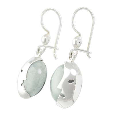 Jade dangle earrings, 'Cool Crescent Moon' - Light Green Jade Moon Eclipse Handcrafted Earrings
