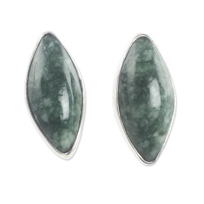 Jade button earrings, 'Green Maya Shield' - Handmade Green Jade Earrings with Silver Settings