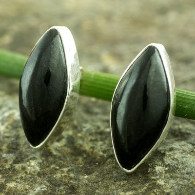 Jade button earrings, 'Black Maya Shield' - Handmade Black Jade Button Earrings with Silver Settings