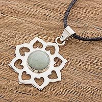 Jade pendant necklace, 'Apple Blossom' - Sterling Silver and Jade Pendant with Leather Necklace